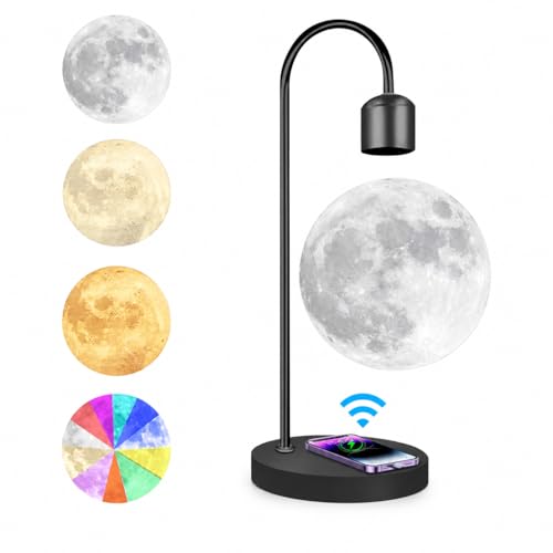 DuliCube Magnetic Levitating Moon Lamp with 15W Wireless Charger 3D Floating Moon Light with 3 Colors & Multicolor Gradient LED Ambient Lamp for Bedroom Office Home Decor Gifts