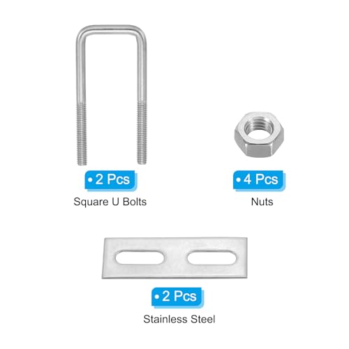 Image of PATIKIL M6x25x70mm Square U-Bolts Kit, 2Set 304 Stainless Steel Square U Shaped Bolts Replacement Parts with Frame Plates and Nuts for Ski Board Sailboat Trailer
