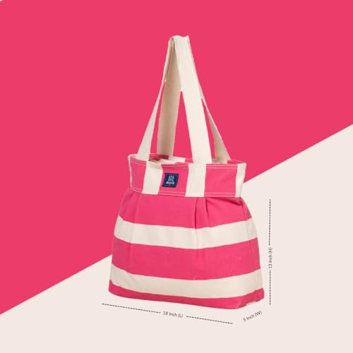 Image of AQVA Striped Cotton Canvas Shoulder Tote Bag for Women with Sturdy Strap Multipurpose Handbag with Zip Closure for Travelling, Shopping and Work