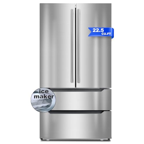 French Door Refrigerator 22.5 cu.ft, Kitchen Refrigerator with Ice Maker, Frost Free Counter Depth Refrigerators, LED Lighting, Stainless Steel, with Bottom Freezer for Home