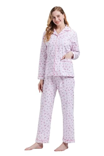 Image of GLOBAL Women's Flannel Pajamas Set 100% Cotton PJs for Women Long Sleeve Button Drawstring Waist Warm Loungewear Sleepwear