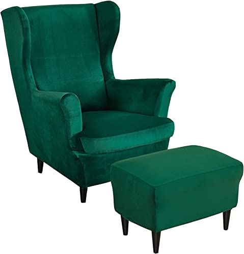 AQIGR Housse de Fauteuil à Oreilles Elastique avec Housse de Pouf, Velours Housse de Fauteuil d'oreille 2 pièces Housse pour Fauteuil 1 pièce Housse de...