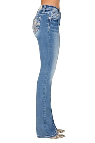 Miss Me Women's Mid-Rise Bootcut Jeans, Floral Pastel Fleur de Lis, Stretch Denim2