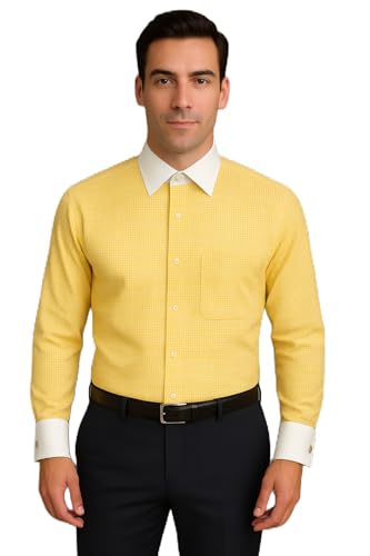 Image of Men's Premium Cotton Formal Dress Shirt - White Collar & French Cuffs with Cufflinks | Solid White, Micro Check & Striped for Office, Wedding