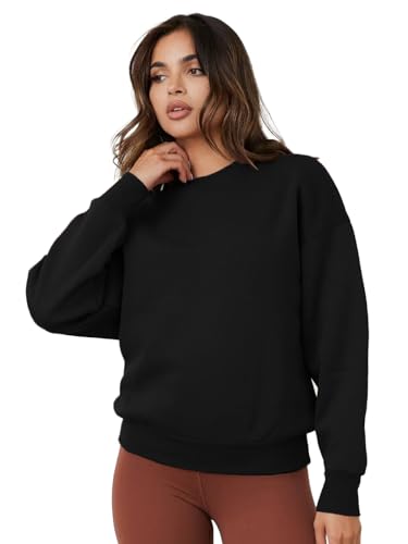 Image of LEOTUDE Women's Boyfriend-Loose Fit Round Neck Solid || Sweatshirt for Women (Color Black) |Material: Loopknit