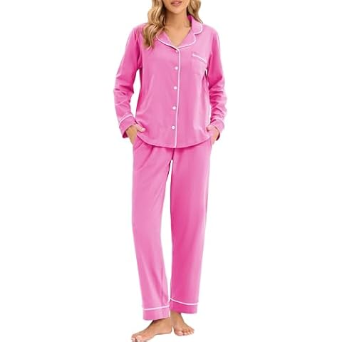 LUBOT 100% Cotton Pyjamas Set for Women Ladies, Long Sleeve Button Down Pajamas, Two Piece Pjs for Female Sets Sleepwear Loungewear, Knitted & High Elasticity, Barbie Pink Cover