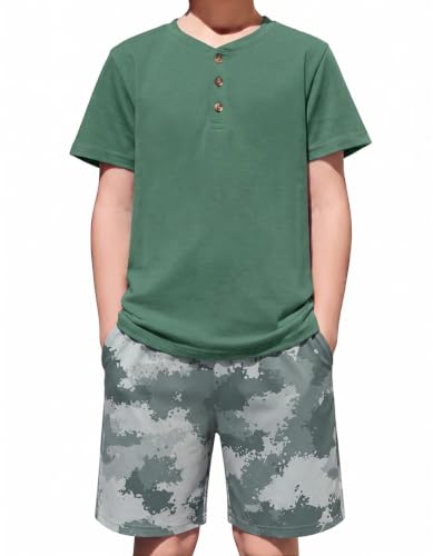 Image of Arshiner Boys 2-Piece Summer Outfit Henley T-Shirt & Shorts Set 4-12 Years