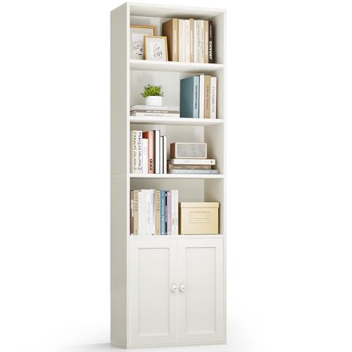 Casaottima Bookshelf and Bookcase with Doors Floor Standing 6-Tier Shelf Display Storage Shelves Tall Bookcases for Home Office Living Room White