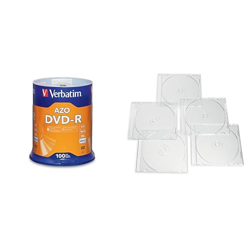 Verbatim DVD-R AZO Dye 4.7GB 16X 100 Discs Spindle Frustration Free Packaging + 50 Slim Storage Cases Assorted Colors – Data &amp; Music Recording Bundle