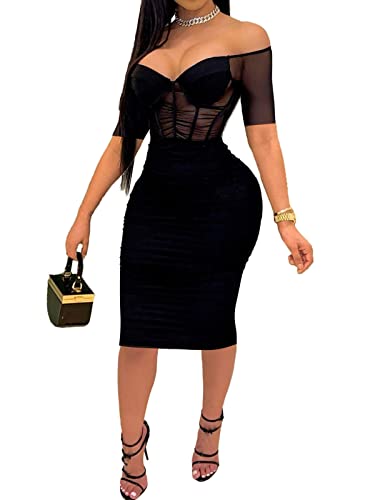 Uni Clau Women Sexy V Neck Mesh Patchwork Bodycon Dress Off Shouler See Through Short Sleeve Bodycon Dress Midi Party Club Dress Black XL