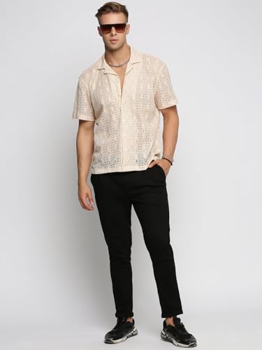 Image of SHOWOFFFF Men Solid Crochet Casual Shirt | Cuban Collar Half Sleeves Cotton Shirt for Mens | Relaxed Fit Regular Length Shirt for Men's