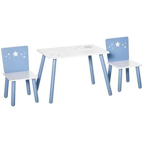 HOMCOM Juego de Mesa Infantil y 2 Sillas de Madera Mesa con Sillas para Niños de 2-4 Años Mesa 60x40x43 cm y Sillas 28x26x48 cm para Dormitorio Sala Blanco y Azul