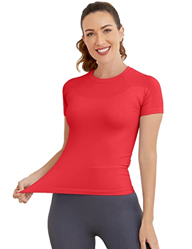 Image of MathCat Short Sleeve Workout Tops for Women, Seamless Women's Compression Shirt, Yoga Running Athletic Shirts Soft Gym Tops
