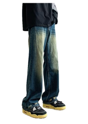 Jeans Pants Trousers Denim High Street Retro Blue Men's Loose Straight Leg Wide Daily Commuter Splicing Feel3