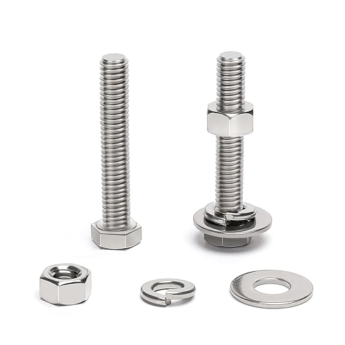 (20 Sets) 1/4-20 x 2 Hex Head Screw Bolt, Nuts, Flat Washer &amp; Spring Lock Washers, 18-8 (304) Stainless Steel, Fully Threaded, by Skvltvfyt
