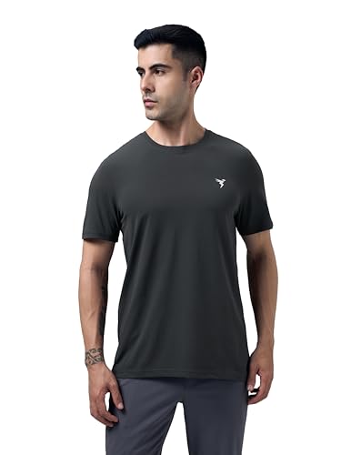 Image of TECHNOSPORT Men's Slim Fit Solid Crew Neck T-Shirt, Cotflex Quick Dry Wrinkle Resistant Polyester Sports Tee for Gym, Running, Training, Sports