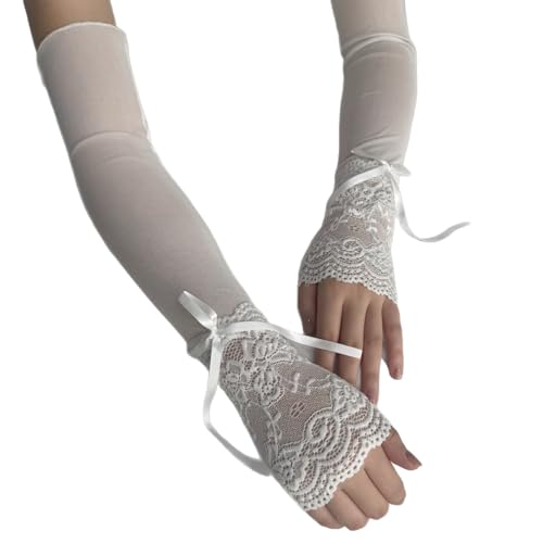 Shulmate Elegant Long Lace Gloves With Japanese Bow Ribbon Designs For Party Evening Event And Fashionable Outfits(White)