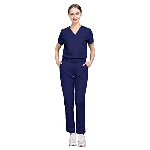 niaahinn Scrub Set for Women V-Neck Top & Jogger Scrub Pants with 4 Pockets Cute Nursing Uniform Scrubs for Women & Men (Navy Blue,Small,Small)