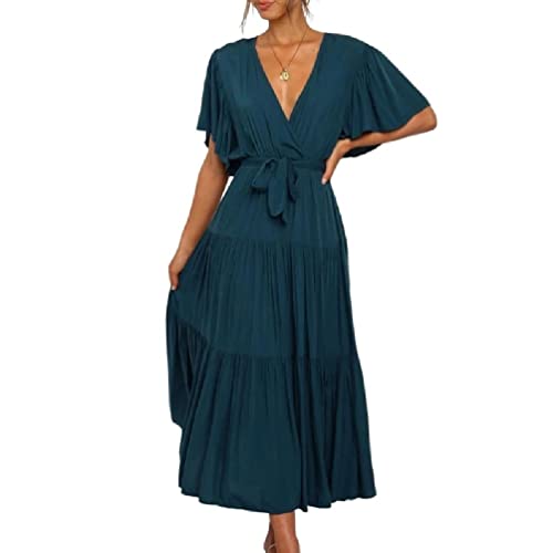 Damen Sommer Casual Langes Kleid Flutter Kurzarm Wrap V-Ausschnitt...