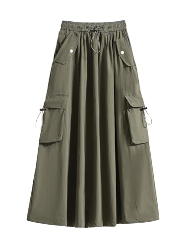 ebossy Women's Vintage Cotton Drawstring Elastic Waist Multi-Pockets Utility Pencil