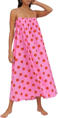 Image of Women Polka Dot Maxi Dress Sleeveless Backless A Line Beach Long Dress Spaghetti Straps Casual Baggy Flowy Maxi Sundress