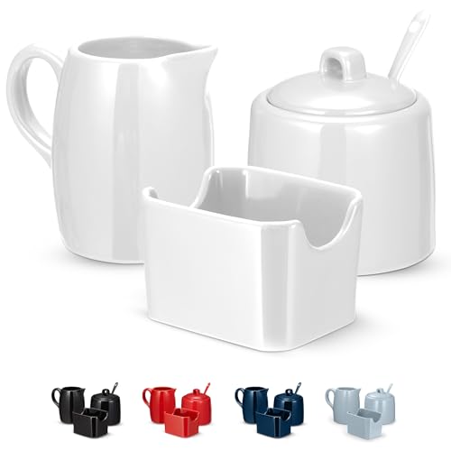 KooK Sugar and Creamer Set 3 Piece Pitcher Sugar Bowl with Lid and Spoon Sweetener Holder (White)