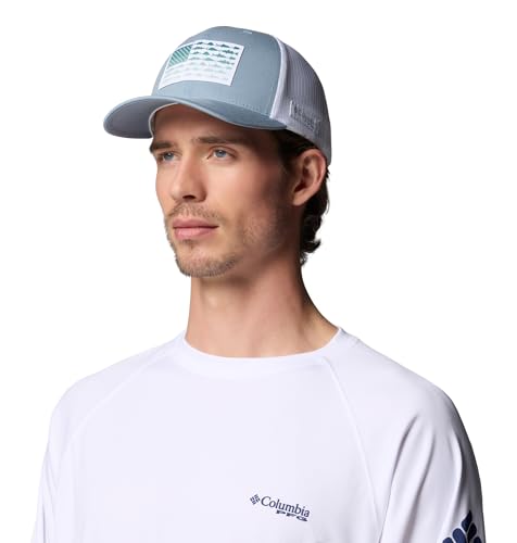 Image of Columbia Unisex Unisex PFG Fish Flag Mesh Snap Back Hat, Dockside Blue /White /Fish Flag, One Size
