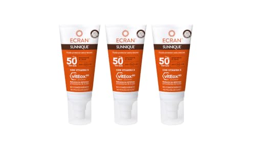Ecran Sunnique - Fluido Solar para Cara Cuello y Escote FPS50+ - 3 x 50 ml | Protección facial UVB, UVA e IR-A, anti polución y luz azul. Fórmula con VitEox 80 que refuerza las defensas de la piel