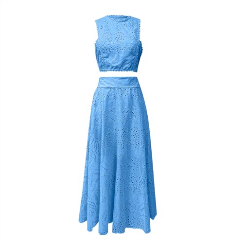 Women's 2 Piece Eyelet Skirt Set Sexy Sleeveless Hollow Out Lace Tank Top Maxi Skirt Outfits Fashion Party Dress