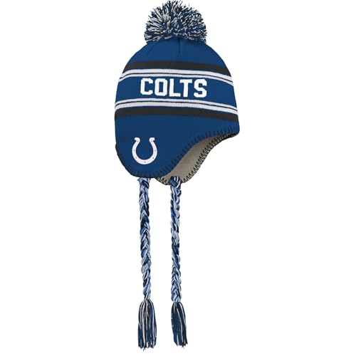 NFL Kids Youth 8-20 Team Color Primary Logo Jacquard Tassel Cold Weather Football Pom Beanie Knit Hat One Size - Indianapolis Colts - Blue