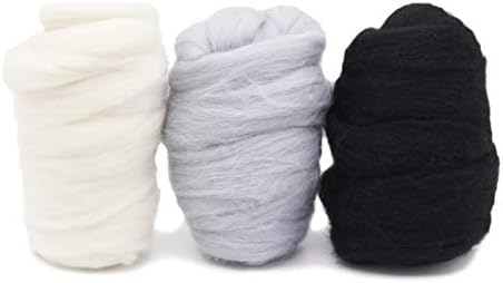Merino Wool Roving Top - 21um Needle Felting DIY Craft Materials (-3.5OZ) (Black-White-Gray)