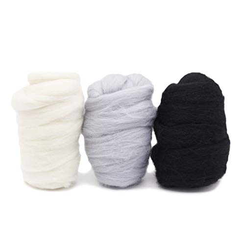Merino Wool Roving Top - 21Um Needle Felting Diy Craft Materials (-3.5Oz) (Black-White-Gray) #TOP2