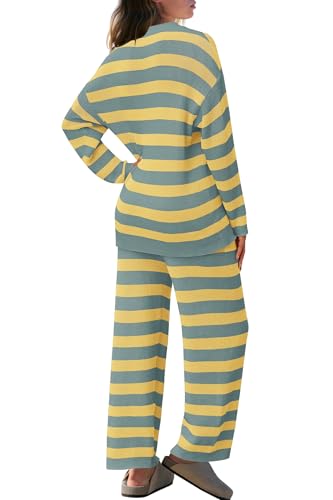 Image of SENSERISE Womens Striped Set Sweater Lounge Sets | Pajamas Set, Loungewear Set, Oversized Knit Sweater, Wide Leg Pants with Pockets, Fall Outfits, Pants Set