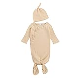 Baby Unisex Baumwollkittel LUCSUN Unisex Neugeborene Baby Baumwolle Kleider Langarm Geknotet Sleeper Nachthemd Hut für Baby Junge und Mädchen Schlafsäcke Gr. 50, beige