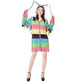 FOCUSOUL Women Mexican Fiesta Dress Costume Multicolored Fringe Hooded Long Sleeve Zipped Coat Halloween Cosplay Dress Up (Medium)