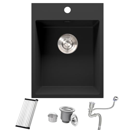Bokaiya Evier Cuisine en Granit Noir 38x50cm, Lavabo 1 bac, Évier à Encastrer Mueble 40cm, avec Bonde et Kit de Trop-Plein, Grille Enroulable et Siphon