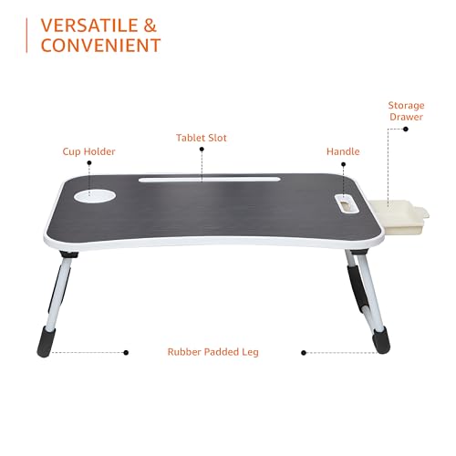 Image of Amazon Basics Engineered Wood Foldable Laptop Table with Cup Holder, Tablet Groove and Mini Drawer (60L x 40W x 26H cm, Black)