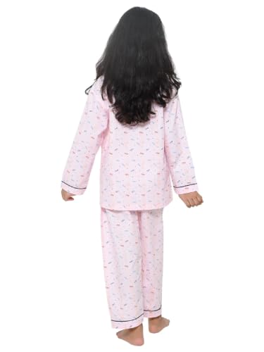 Image of Girls Premium Cotton Full Sleeves Printed Nightsuit Set | Collar Style Night Dress for Girls | Soft & Breathable Pajama Set | Trendy Kids Sleepwear & Nightwear