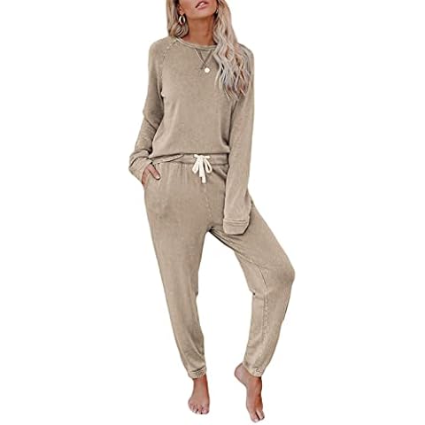OCCIENTEC Pajama Sets for Women Long Sleeves Women’s Soft Cotton Pyjamas Crew Neck Nightwear for Ladies 2 Piece Top and pants(Khaki, M) Cover