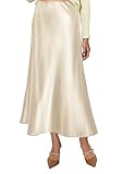 Vossmi Falda Larga Mujer Básica Satén Ajustada Skirt Midi Traje Vintage Elástico Cintura Alta Wrap Faldas Elegante Evasé Falda Media Sedosa Primavera Champán,S