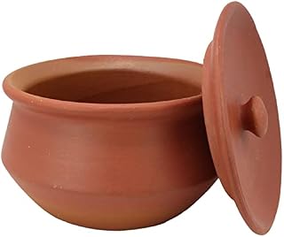 GK Global Kitchen Clay Handi Earthen Pot with Lid Terracotta Biriyani Curry Balti Serving Pot Curd Handi Pot Deep Round Clay Indian Hand Made Traditional Mitti Pot (4 Litre)