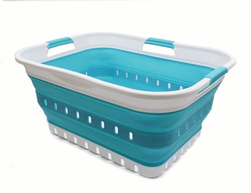 Image of SAMMART 42L Collapsible Plastic Laundry Basket - Foldable Pop Up Storage Container /Organizer - Space Saving Hamper /Basket (1, White /Bright Blue)