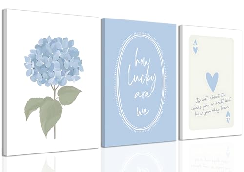 Cshylven Hydrangea Wall Art Set of 3, Blue Floral Canvas Prints, Inspirational Quote Modern Minimalist Botanical Wall Decor, Preppy Baby Blue Aesthetic Pictures for Bedroom Bathroom Dorm 12x16 Framed
