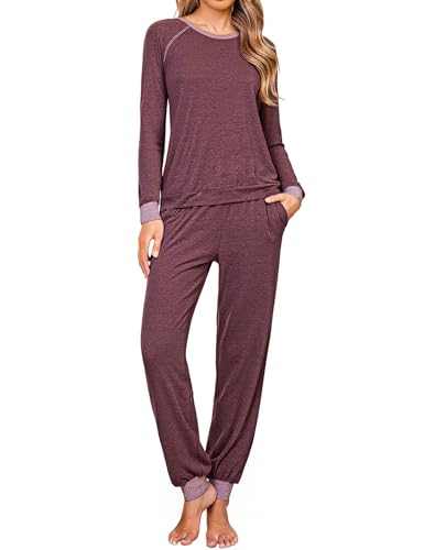 Image of Jahetuul Womens Pyjamas Set Long Sleeve Cotton Pjs for Ladies Crew Neck Top & Pants with Pockets and Drawstring Casual Loungewear Sets