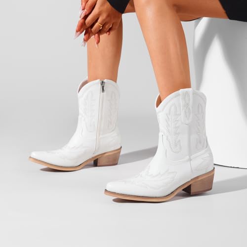 Image of Western Cowboy Boots for Women Rhinestone Cowgirl Boot with Low Block Heel Embroidery Sparkly Short Ankle Booties Walking Bootie for Country Concert Disco Outfits
