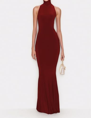 Image of Women's Sleeveless Summer Sexy Backless Maxi Dresses Bodycon Dresses Elegant Halter Turtle Fishtail Gown