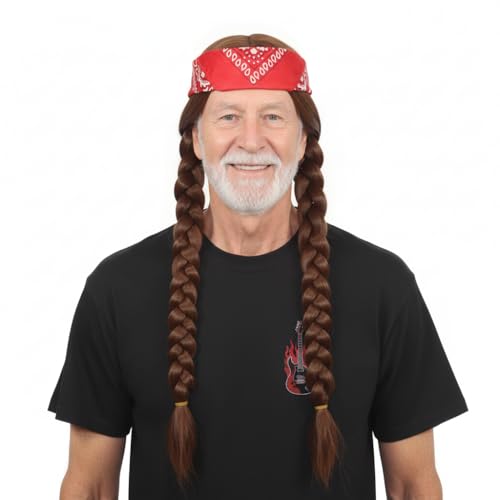 NIUOBYS Long Brown Braided Wig with Bandana Mens Hippie 60s 70s Retro Costume Hair for Halloween Party