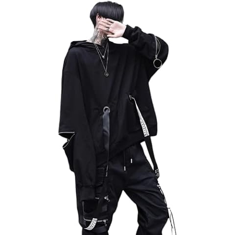 Moleobea Men Y2K Techwear Hooded T-Shirt Zippers Gothic Dark Academia Tees Preppy Punk Grunge Long Sleeve Baggy Top Streetwear (Black,M,Medium) Cover