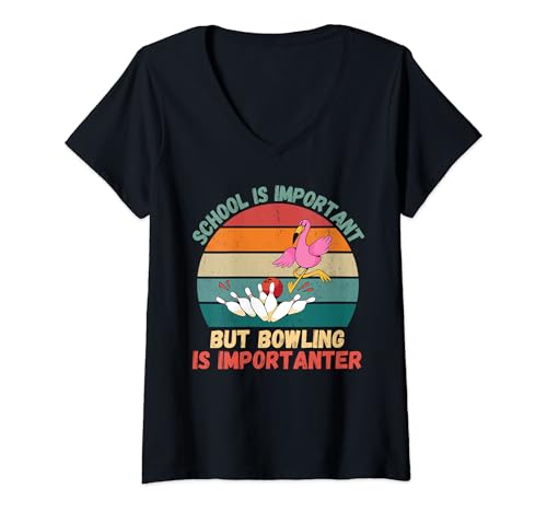 Womens Retro Flamingo School Is Important Bowling Is Importanter V-Neck T-Shirt