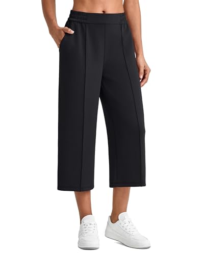 G4Free Black Pants for Women Wide Leg Capri Pants with Pockets Soft Straight Leg Pants Comfy Casual Travel Pants(Black,M,Regular)